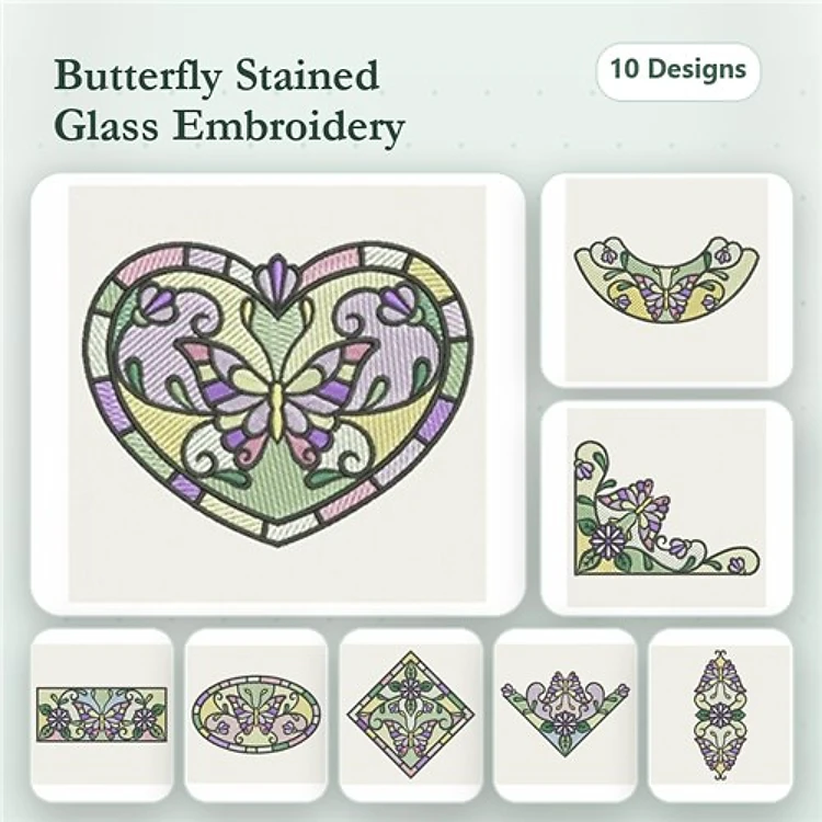 Stained Glass Butterfly Embroidery Designs Bundle – Butterfly Heart, Curved Floral Corner & More (10 Designs)