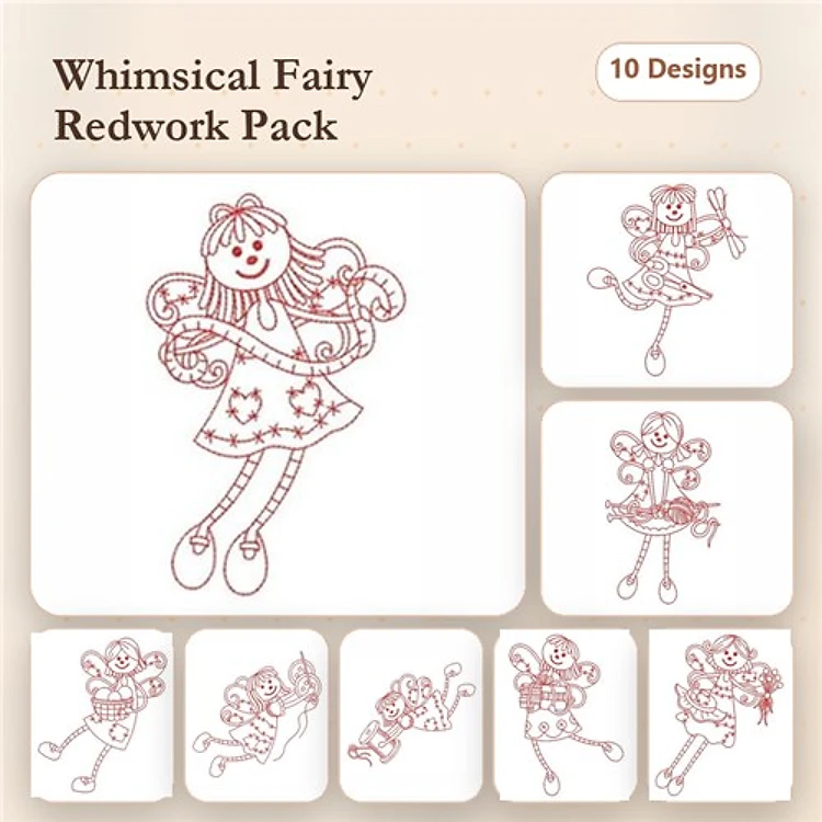 Redwork Fairy Embroidery Designs Bundle – Fairy with Hearts, Fairy Holding Flowers, Sitting Fairy & More (10 Designs)