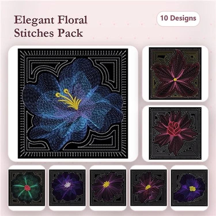 Rippled Elegant Floral Embroidery Designs Bundle – Blue, Pink, Red, Purple & More (10 Designs)