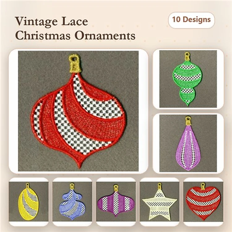 FSL Vintage Lace Christmas Ornaments Embroidery Bundle – Red & White Striped, Green Checker, Purple Stripes & More (10 Designs)
