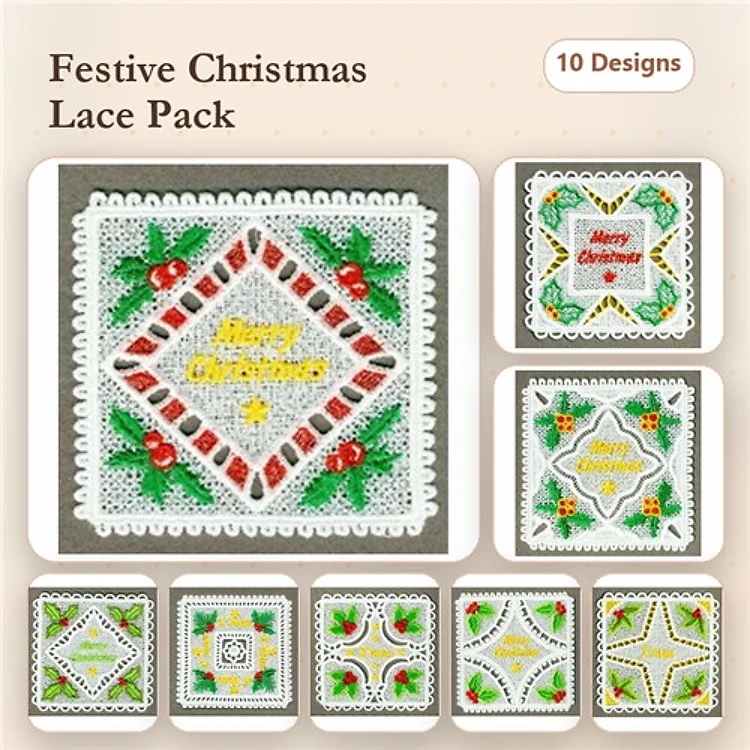 FSL Christmas Lace Embroidery Bundle – Holiday Lace Square, Snowflake Lace Square, Merry Christmas Lace Square & More (10 Designs)