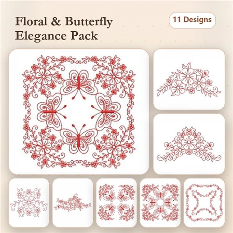 Redwork Floral & Butterfly Embellishments Embroidery Designs Bundle – Butterfly Floral Corner, Floral Wreath with Butterflies & More (11 Designs)