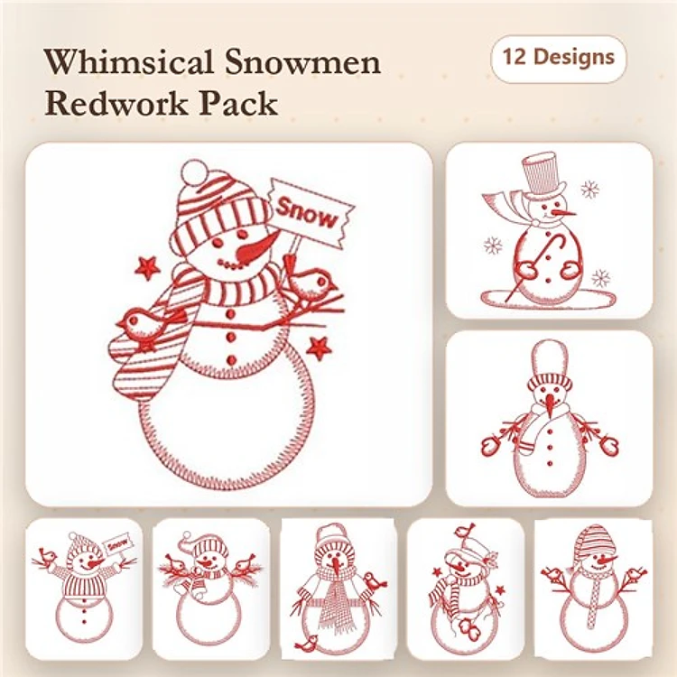 Redwork Whimsical Snowmen Embroidery Designs Bundle – Snowman with Scarf and Birds, Snowman with Sign & More (12 Designs)