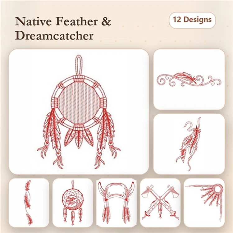 Redwork Native Feather & Dreamcatcher Embroidery Designs Bundle – Dreamcatcher with Feathers, Feather Design 1, Ornamental Swirl 1 & More (12 Designs)