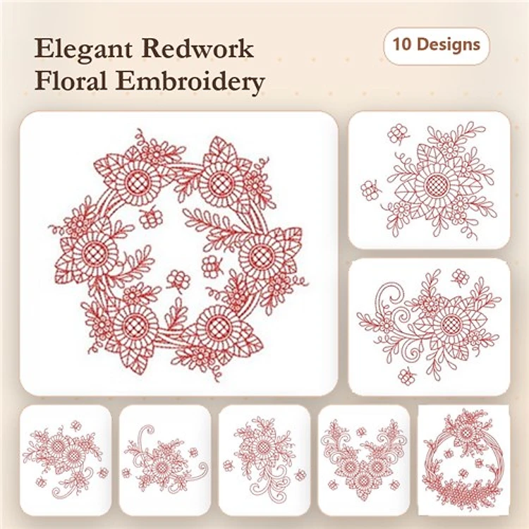 Redwork Floral Embroidery Bundle – Floral Wreath, Ornamental Floral Cluster, Intricate Floral Vine & More (10 Designs)