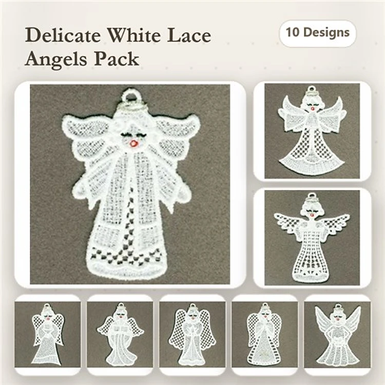 FSL Lace Angels Embroidery Bundle – Angel Ornament, Lace Angel with Veil, Charming Lace Angel & More (10 Designs)