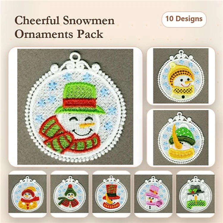 FSL Cheerful Snowman Ornaments Embroidery Designs Bundle – Green Hat, Red Scarf, Candy Canes & More (10 Designs)
