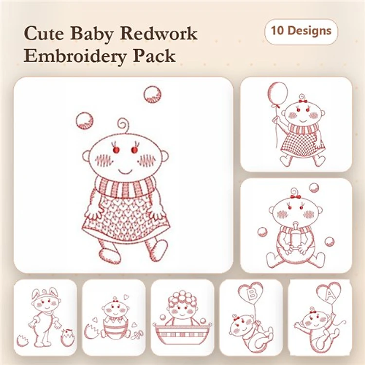 Redwork Cute Baby Embroidery Designs Bundle – Baby with Bubbles, Baby with Teddy Bear, & More (10 Designs)