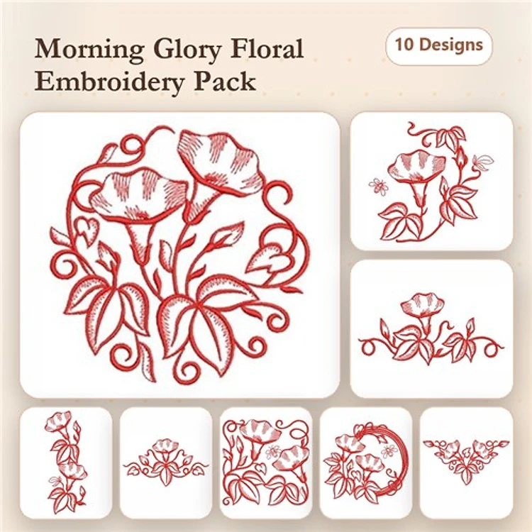 Redwork Morning Glory Floral Embroidery Designs Bundle – Blossom, Vine with Leaves, Floral Border & More (10 Designs)