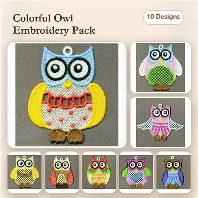 FSL Colorful Owl Embroidery Designs Bundle – Blue Hat, Yellow Belly, Green Body & More (10 Designs)