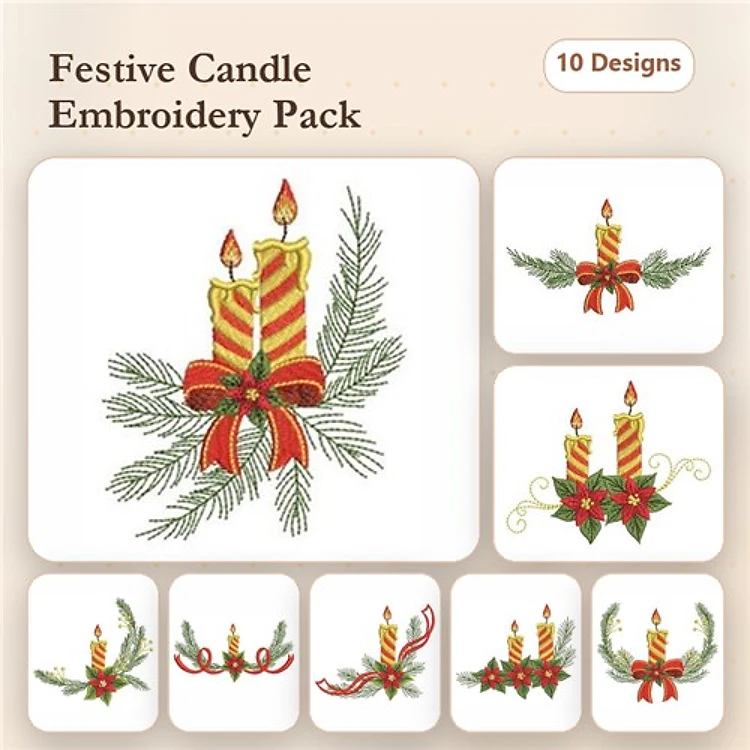 Festive Candle Arrangements Embroidery Designs Bundle – Candle with Pine and Bow, Single Candle with Poinsettia & More (10 Designs)