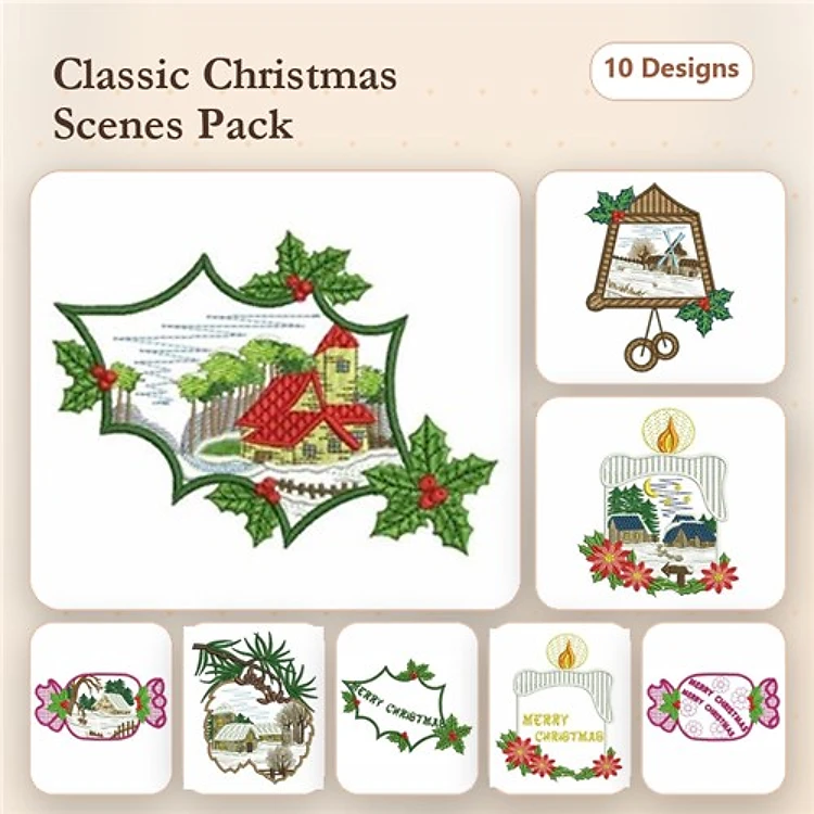 Christmas Scenes Embroidery Designs Bundle – Holly & House, Bell with Winter Scene, Candle & More (10 Designs)
