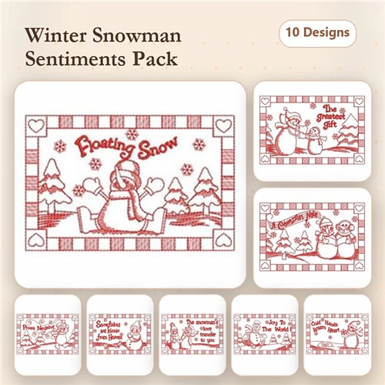 Redwork Winter Snowman Sentiments Embroidery Bundle – Chill Out, Snowman Wishes, Frosty Greetings & More (10 Designs)