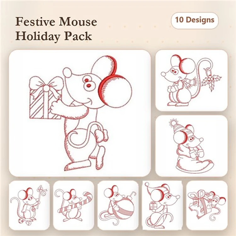 Redwork Festive Mice Embroidery Bundle – Mouse with Gift, Mouse with Candy Cane, Mouse with Ornament & More (10 Designs)