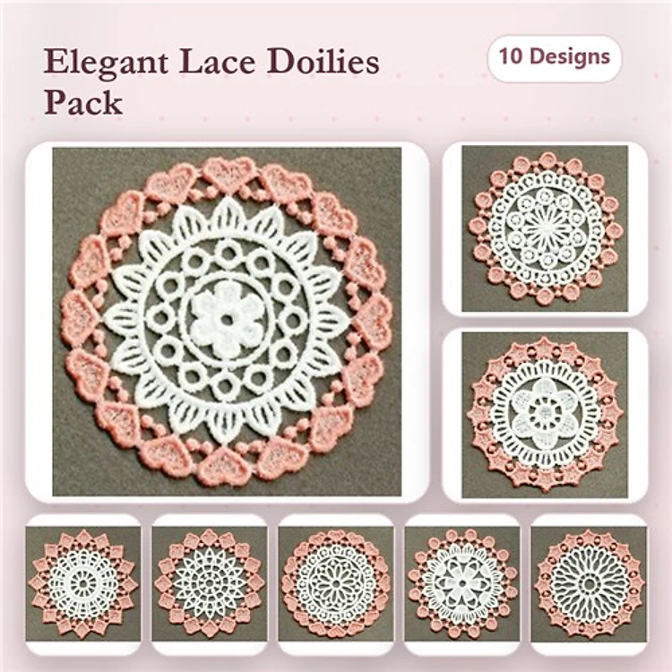 FSL Elegant Lace Doilies Embroidery Bundle – Lace Doily with Hearts, Intricate Lace Doily, Floral Lace Doily & More (10 Designs)