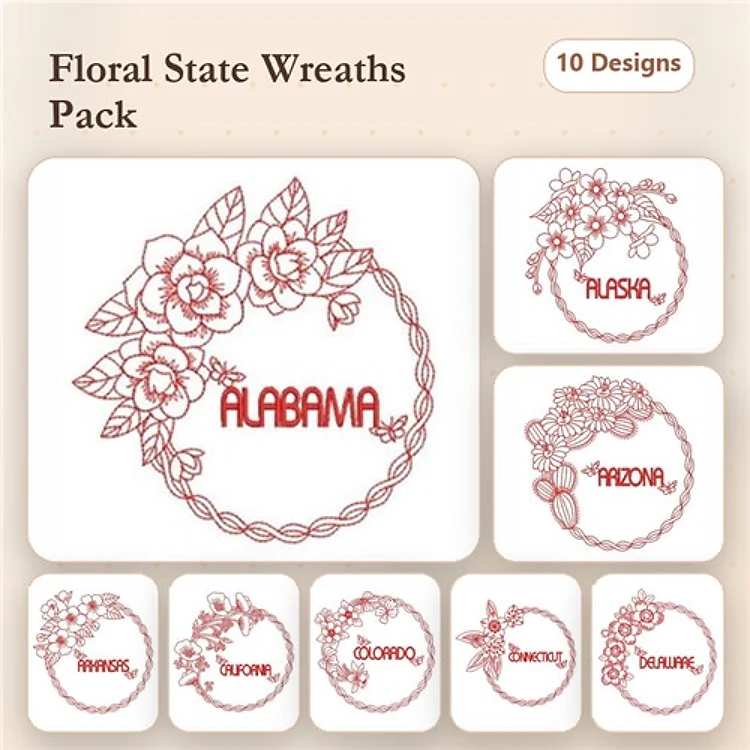 Redwork Floral State Wreaths Embroidery Designs Bundle – Alabama, Arizona, Arkansas & More (10 Designs)