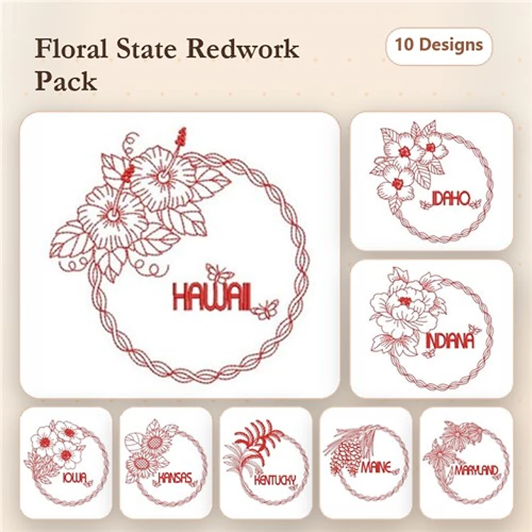 Redwork Floral State Embroidery Designs Bundle – Hawaii Floral, Idaho Floral, Iowa Floral & More (10 Designs)