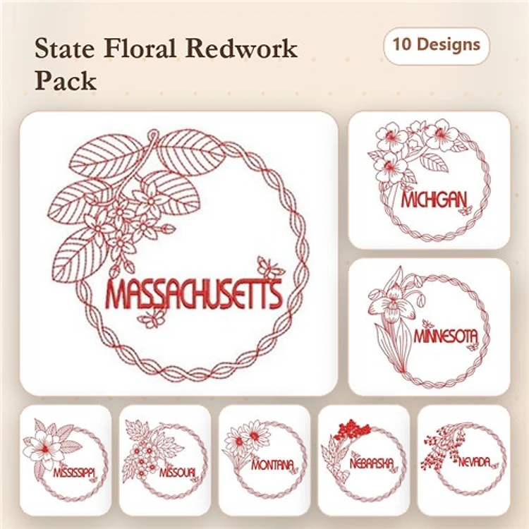 Redwork State Floral Embroidery Designs Bundle – Massachusetts, Michigan, Minnesota & More (10 Designs)