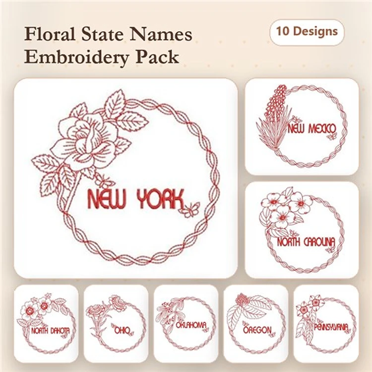 Redwork Floral State Names Embroidery Bundle – New York, California, Texas & More (10 Designs)