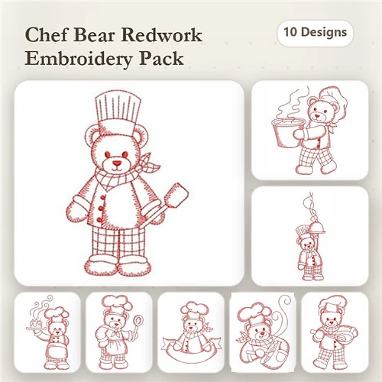 Redwork Chef Bear Embroidery Designs Bundle – Chef Bear with Spatula, Chef Bear Holding Pot, & More (10 Designs)