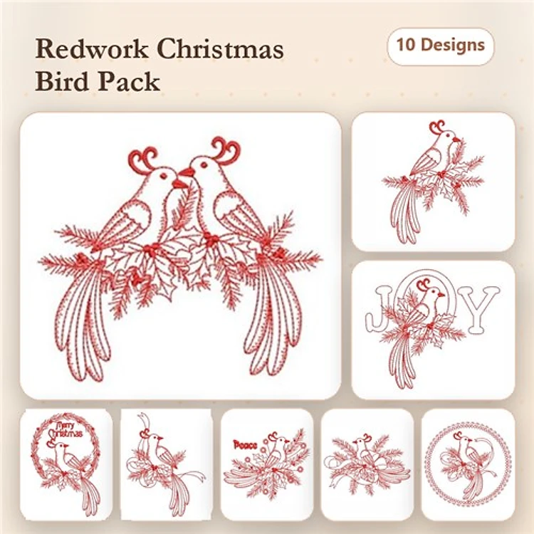 Redwork Christmas Birds Embroidery Designs Bundle – Love Birds with Holly, Joy with Bird, Christmas Tree with Birds & More (10 Designs)