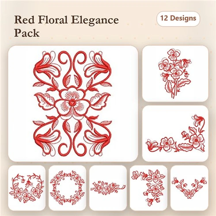Redwork Floral Embroidery Bundle – Floral Vine, Bouquet, Heart & More (12 Designs)