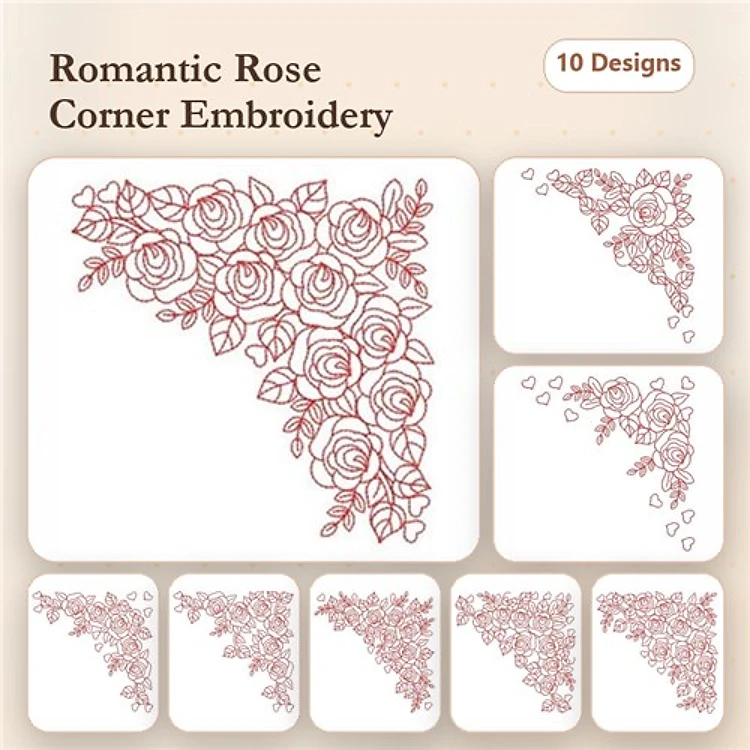 Redwork Rose Corner Embroidery Designs Bundle – Corner Roses with Leaves, Petals & More (10 Designs)