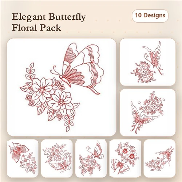Redwork Butterflies & Flowers Embroidery Bundle – Butterfly with Flowers, Floral Arrangement, & More (10 Designs)
