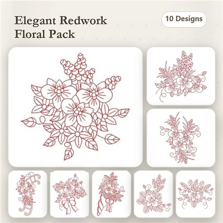 Redwork Floral Embroidery Bundle – Floral Bouquet with Leaves, Cluster of Flowers, Flower Wreath & More (10 Designs)