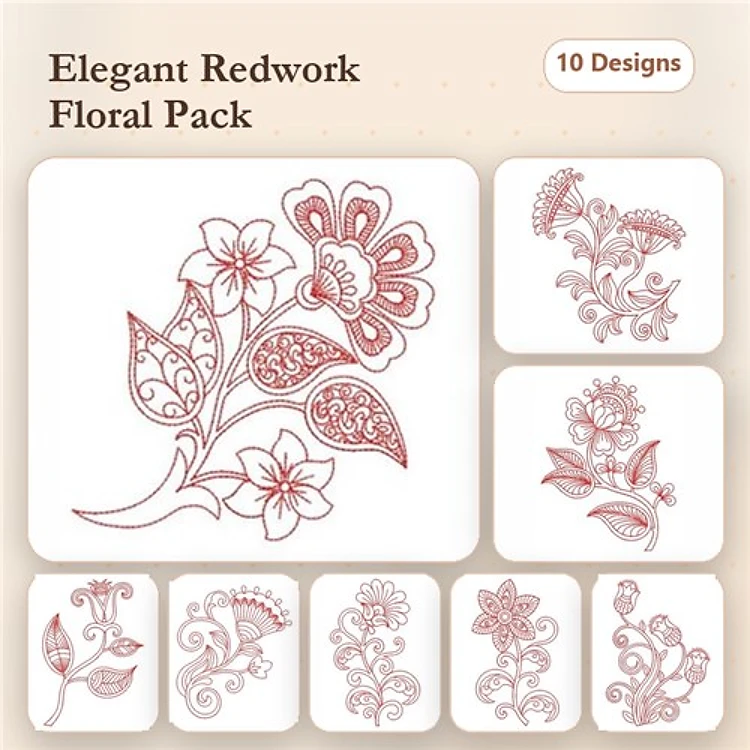 Redwork Floral Embroidery Designs Bundle – Floral Motif, Curly Leaf, Ornate Flower & More (10 Designs)