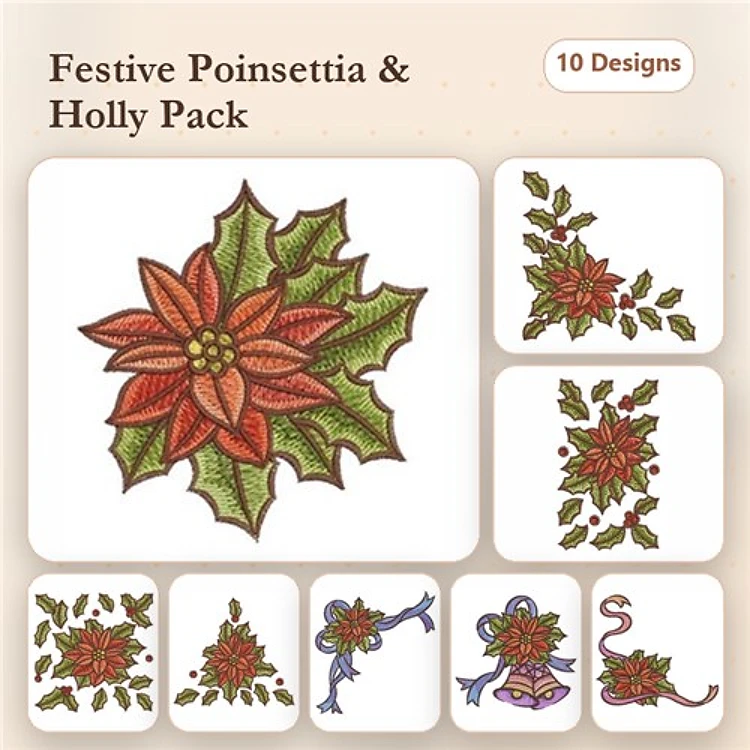 Poinsettia & Holly Embroidery Bundle – Poinsettia, Holly Leaf, Poinsettia Cluster & More (10 Designs)