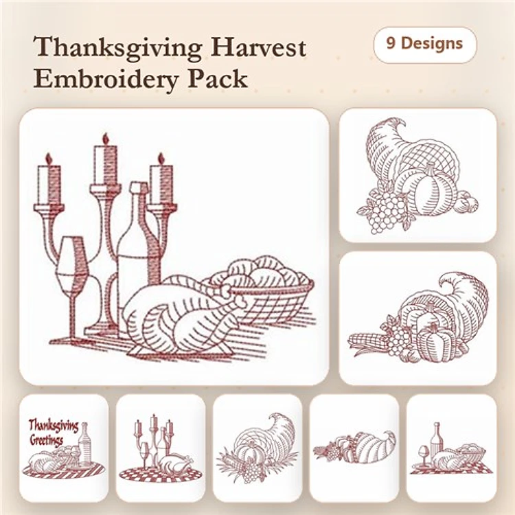 Redwork Thanksgiving Harvest Embroidery Designs Bundle – Cornucopia, Pumpkin Arrangement, Candle Holders & More (9 Designs)