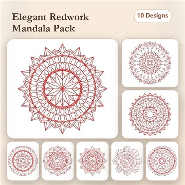 Redwork Elegant Mandala Embroidery Bundle – Mandala with Star Center, Radiating Points, Intricate Floral & More (10 Designs)