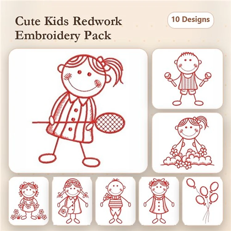 Redwork Cute Kids Activities Embroidery Designs Bundle – Girl with Tennis Racket, Boy with Hat, Girl with Balloon & More (10 Designs)