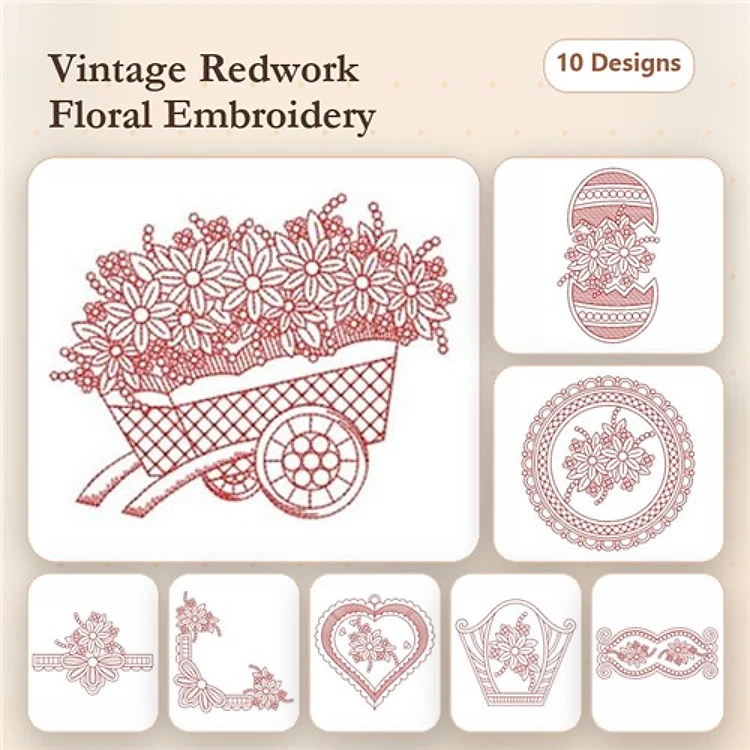 Redwork Vintage Floral Embroidery Designs Bundle – Flower Cart, Decorative Egg, Floral Wreath & More (10 Designs)