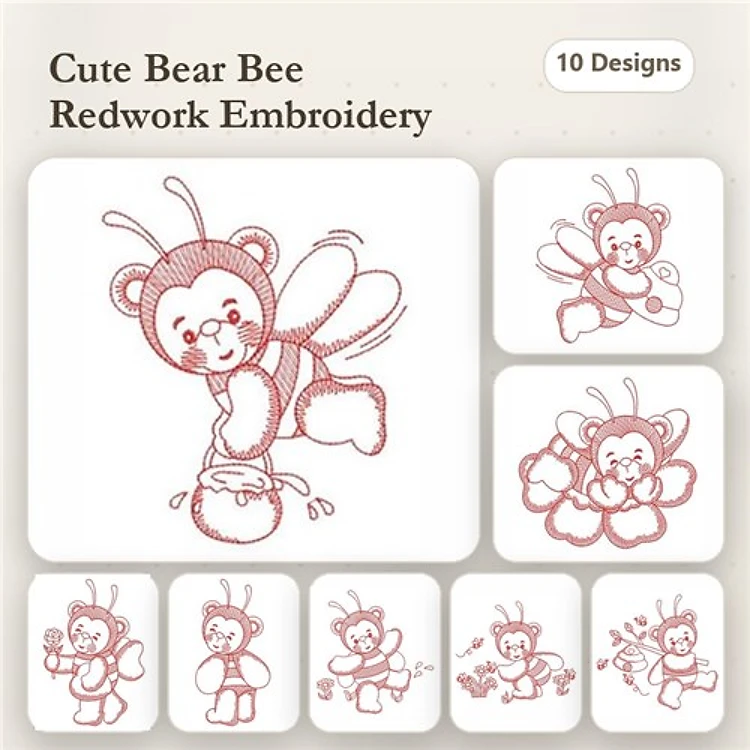 Redwork Cute Bear Bee Embroidery Designs Bundle – Bear Bee with Honey Pot, Bear Bee with Flower, & More (10 Designs)