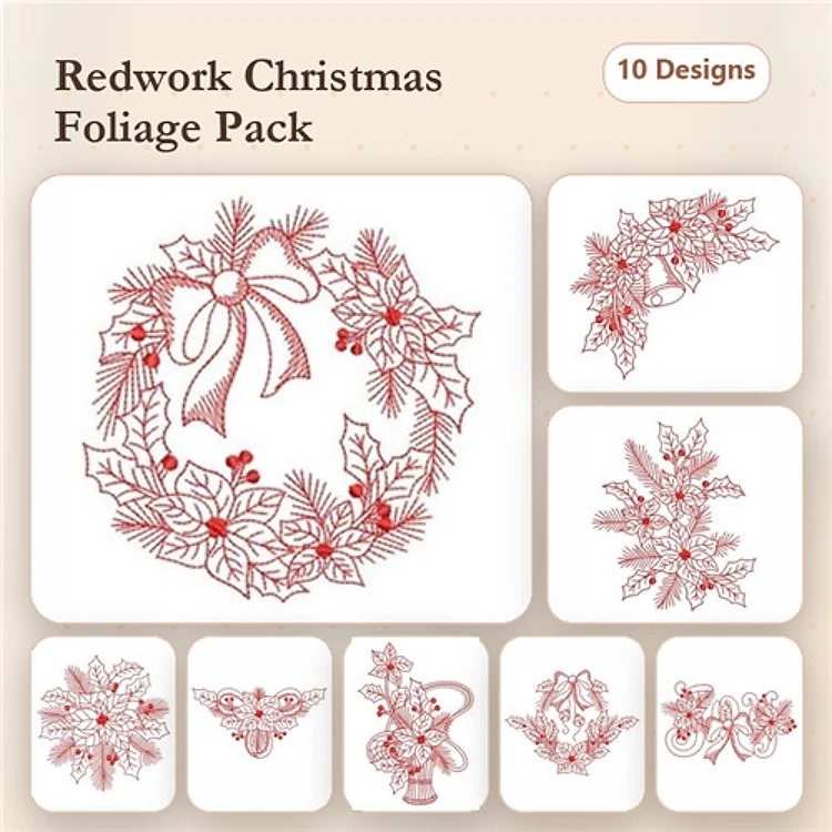 Redwork Christmas Foliage Embroidery Designs Bundle – Wreath, Holly, Poinsettia & More (10 Designs)