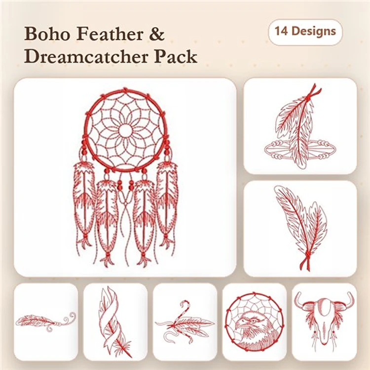Redwork Boho Feather & Dreamcatcher Embroidery Designs Bundle – Dreamcatcher, Feather with Beads, Owl Face & More (14 Designs)