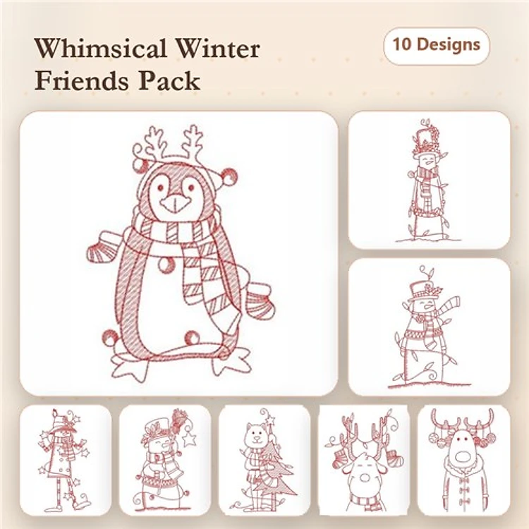Redwork Winter Characters Embroidery Designs Bundle – Penguin, Snowman, Santa Claus & More (10 Designs)