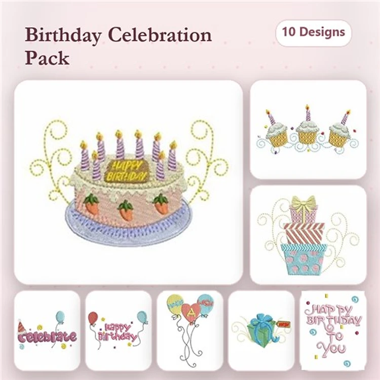 Birthday Celebration Embroidery Bundle – Birthday Cake, Cupcake, Gift Box & More (10 Designs)