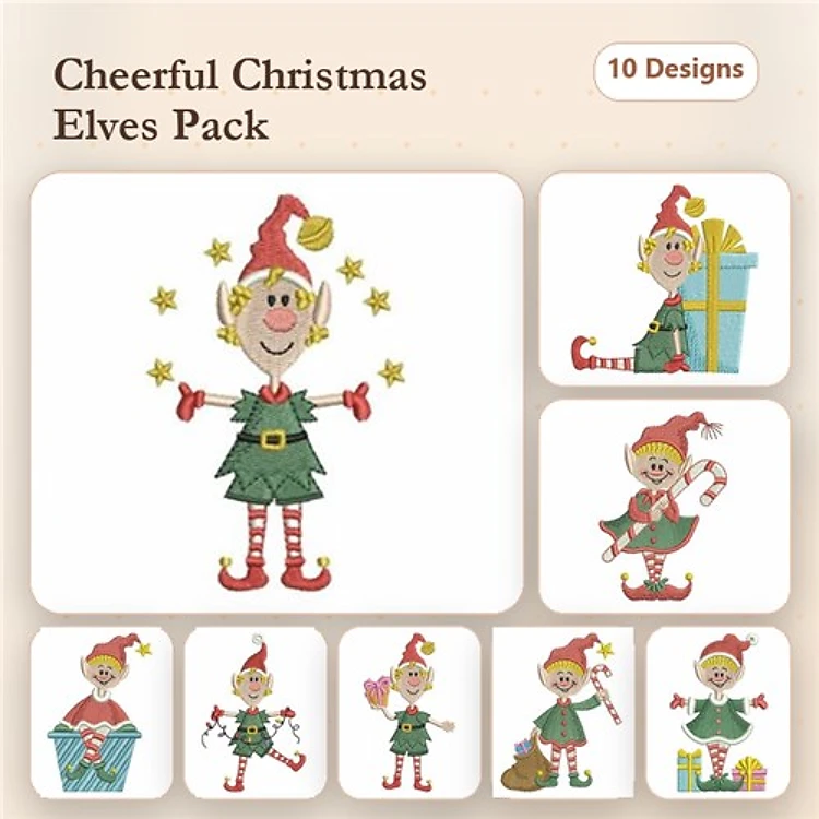 Christmas Elves Embroidery Designs Bundle – Cheerful Elf with Stars, Elf with Present, Elf Skating & More (10 Designs)