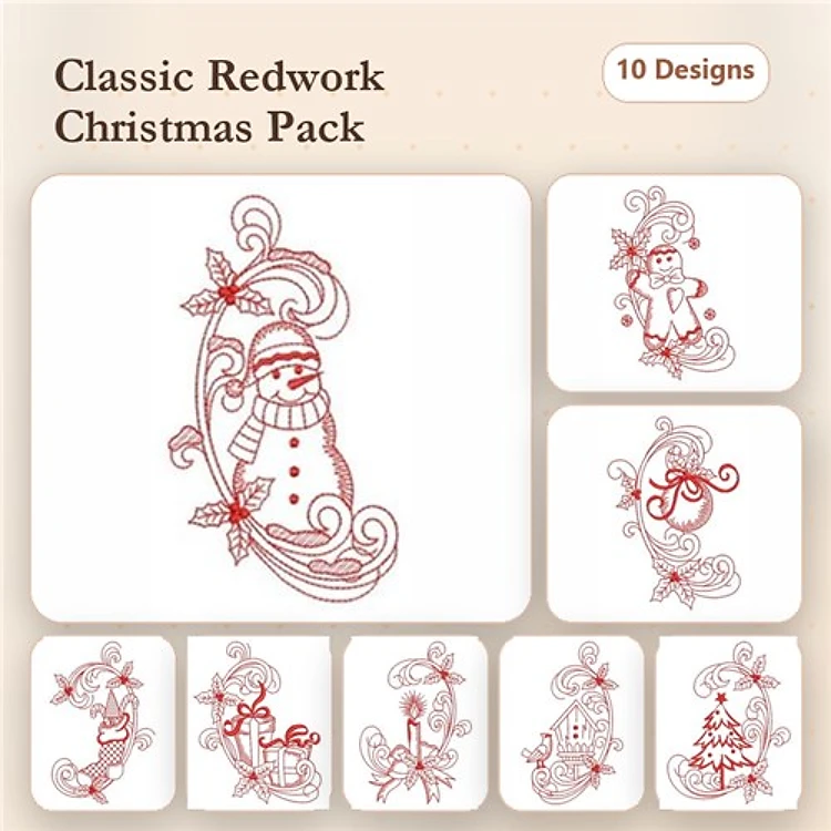 Redwork Christmas Embroidery Designs Bundle – Snowman, Santa, Christmas Tree & More (10 Designs)