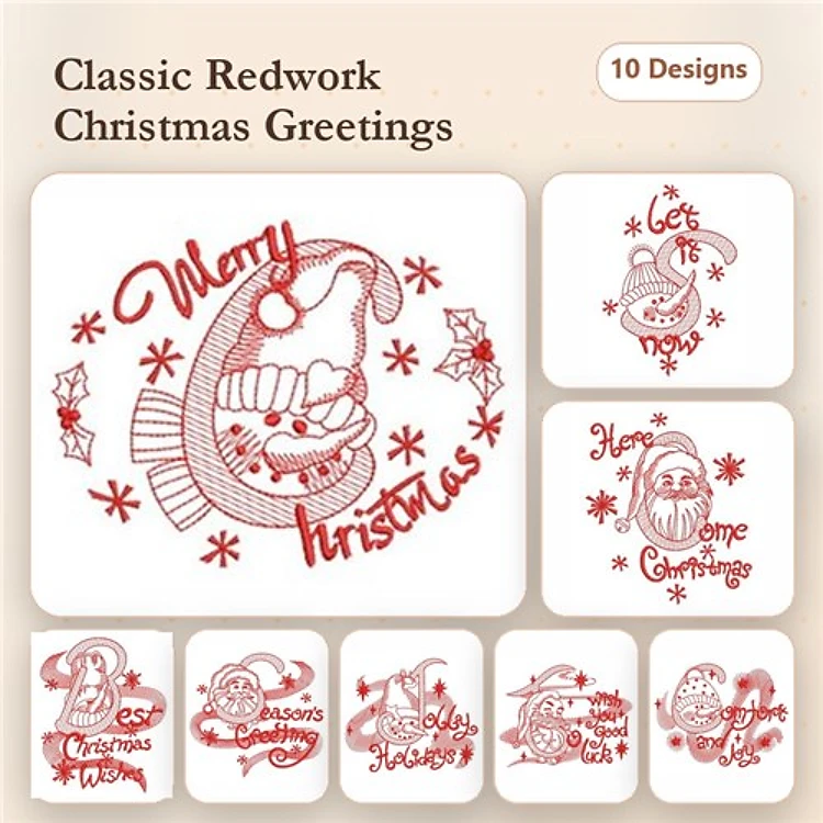 Redwork Christmas Greetings Embroidery Bundle – Merry Christmas Fish, Ho Ho Ho Santa, Christmas Pudding & More (10 Designs)