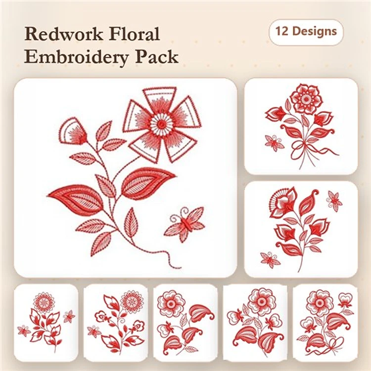 Redwork Floral Embroidery Designs Bundle – Floral Bouquet, Rose Design, Butterfly with Flowers & More (12 Designs)