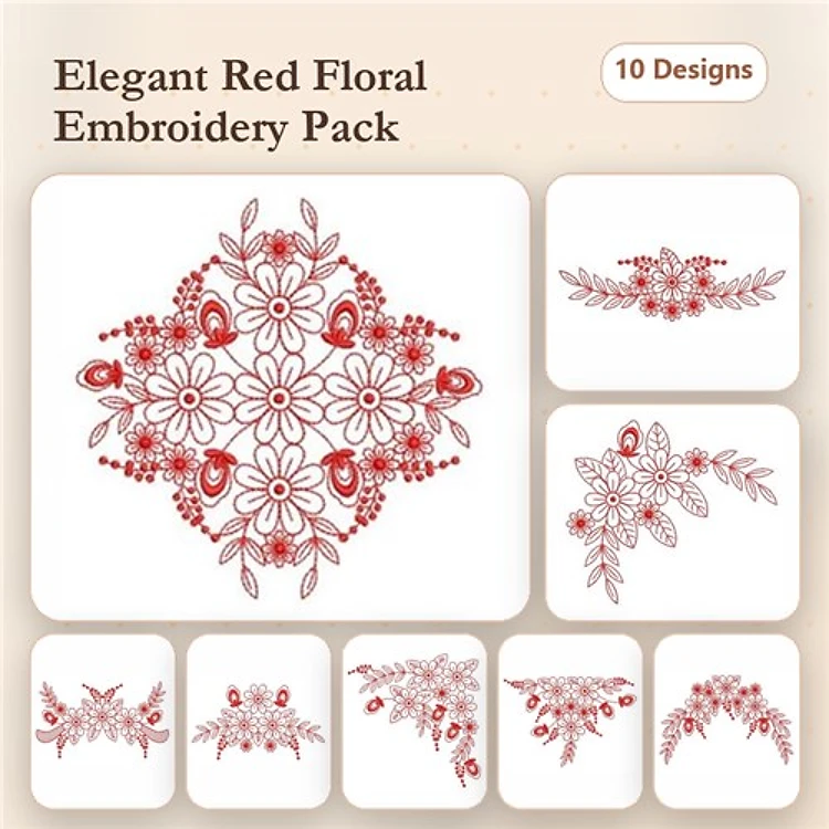 Redwork Floral Embroidery Bundle – Floral Medallion, Border with Leaves, Wreath & More (10 Designs)