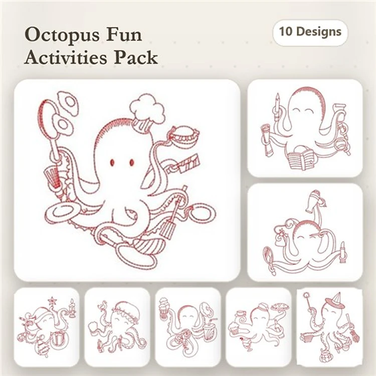 Redwork Octopus Activities Embroidery Designs Bundle – Cooking, Reading, Music & More (10 Designs)