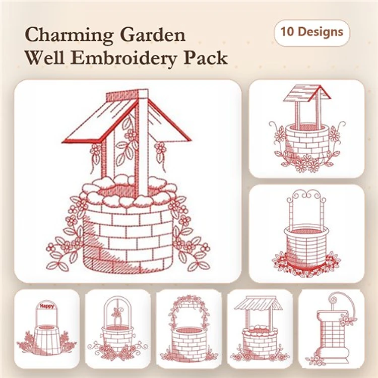Redwork Garden Well Embroidery Designs Bundle – Wishing Well, Garden Well with Flowers, Well with Ivy & More (10 Designs)