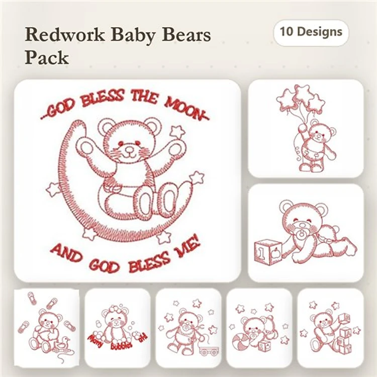 Redwork Baby Bears Embroidery Bundle – Sleeping Bear on Moon, Bear with Stars, Bear with Gift & More (10 Designs)