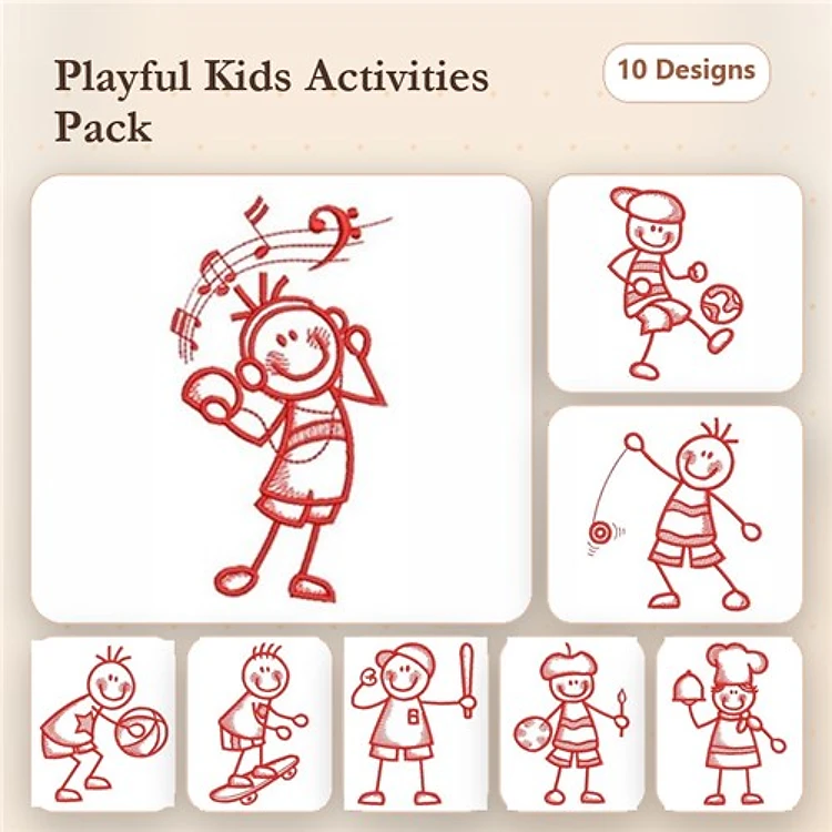 Redwork Playful Kids Activities Embroidery Designs Bundle – Child with Ball, Child Playing with Yo-Yo, Child at Bat & More (10 Designs)