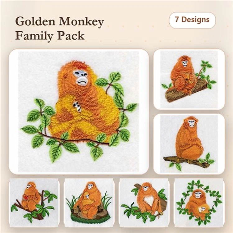 Golden Monkey Family Embroidery Bundle – Golden Monkey Sitting, Playing, Hanging & More (7 Designs)